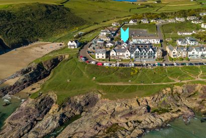 Aerial view of Hillcote, a self-catering holiday home in Polzeath, North Cornwall