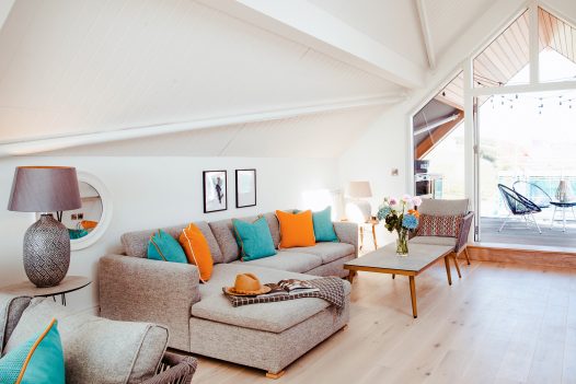 Living room at Chyanna, a luxury, self-catering holiday home in Polzeath, North Cornwall