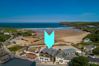 Aerial view of Gwel Trelsa, a self-catering holiday home in Polzeath, North Cornwall