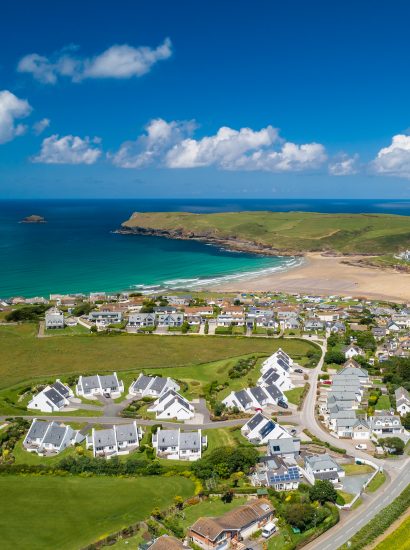 Aerial view showing the location of Lowena, a self-catering holiday home in Polzeath, North Cornwall