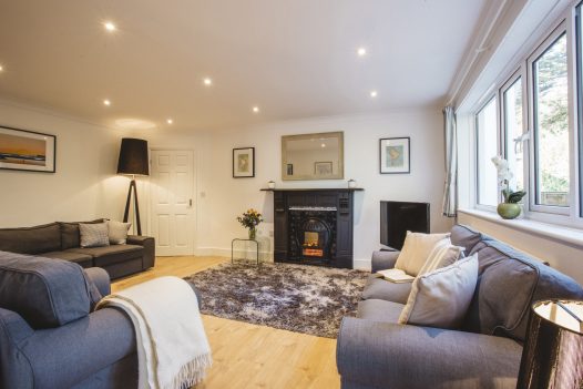 The lounge at Pinetree Lodge, a self-catering holiday home in New Polzeath, North Cornwall