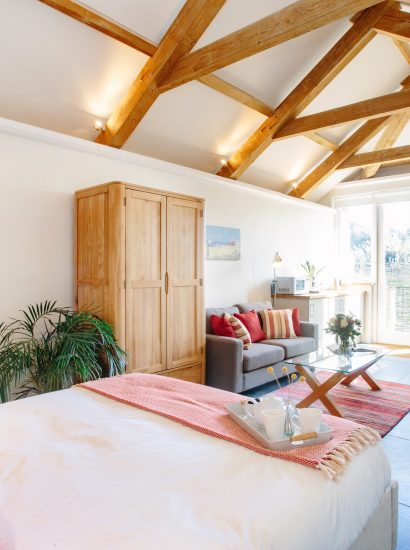 Living space at The Tractor Shed, a self-catering holiday home in Polzeath, North Cornwall