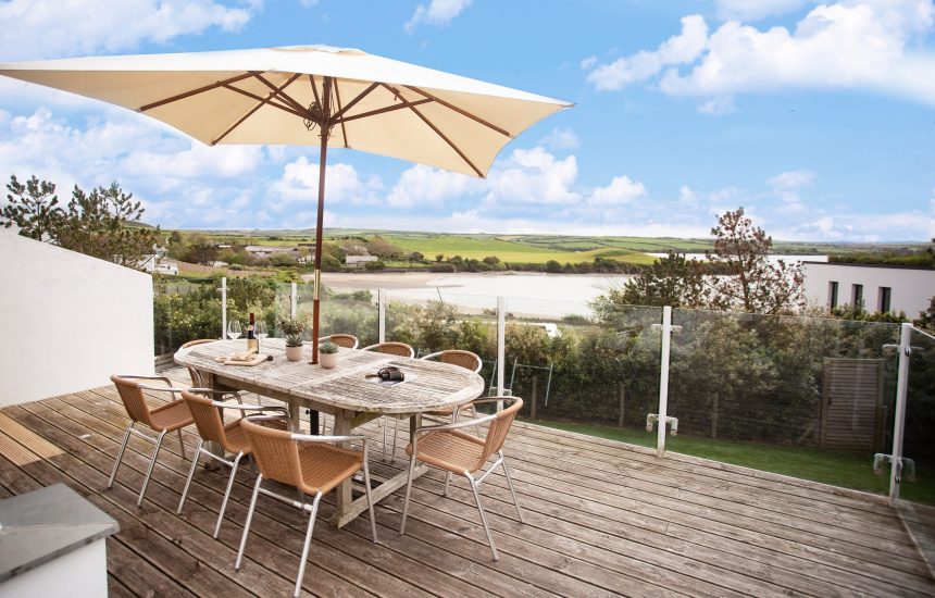 Outdoor seating at Trethwaite, a self-catering holiday home above Porthilly Beach, Rock, North Cornwall